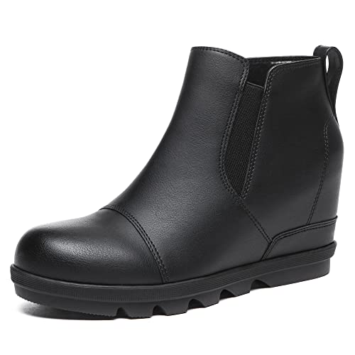 Athlefit Damen Keilabsatz Stiefeletten Komfort Slip On Wasserdicht Leder Plateau Booties, schwarz, 38 EU von Athlefit