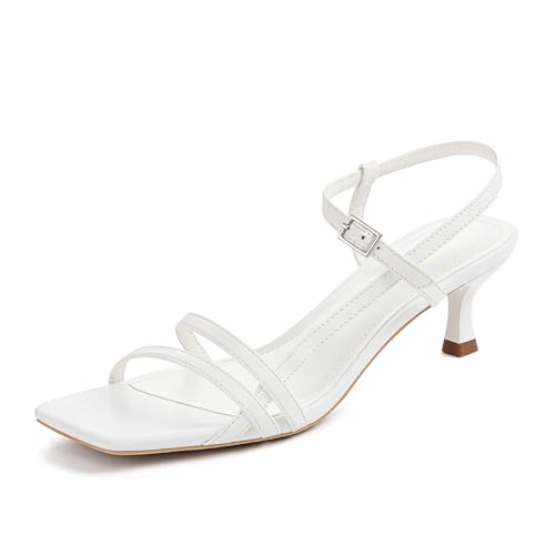 Athlefit Damen Kitten Heels Square Toe Low Heel Riemchensandalen Knöchelriemen Schnalle Kleid Absatzsandalen, Weiss/opulenter Garten, 39.5 EU von Athlefit