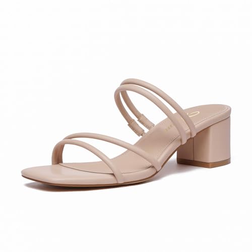 Athlefit Damen-Sandalen mit Blockabsatz, Blockabsatz, modisch, quadratisch, offener Zehenbereich, Schlupfsandalen, Hautfarben, 39 EU von Athlefit