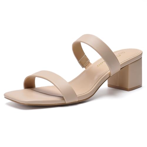 Athlefit Damen-Sandalen mit zwei Riemen, offene Zehen, Block, bequem, zum Hineinschlüpfen, niedriger Absatz, elegante Schuhe, Dark Nude, 40 EU von Athlefit