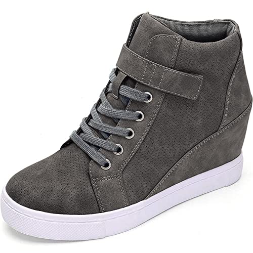 Athlefit Damen-Sneaker, Schnürschuh, Keilabsatz, hohe Oberseite, modische Sneakers, Stiefeletten, GRAU, 38.5 EU von Athlefit