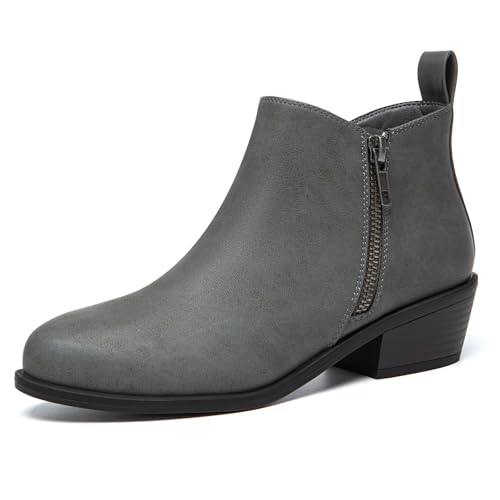 Athlefit Damen Stiefeletten Chunky Low Heel Bequeme Kurze Stiefel Runde Zehen Kleid Booties mit seitlichem Reißverschluss, GRAU, 41 EU von Athlefit