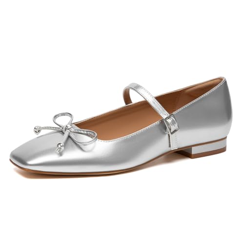 Athlefit Mary Jane Ballerinas für Damen, elegant, bequem, quadratischer Zehenbereich, mit Schnallenriemen, silber, 35.5 EU von Athlefit