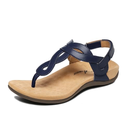 Athlefit Orthopädische Damen-Sandalen mit Fußgewölbeunterstützung, bequem, mit T-Riemen, orthopädisch, lässig, flach, Marineblau, 37.5 EU von Athlefit