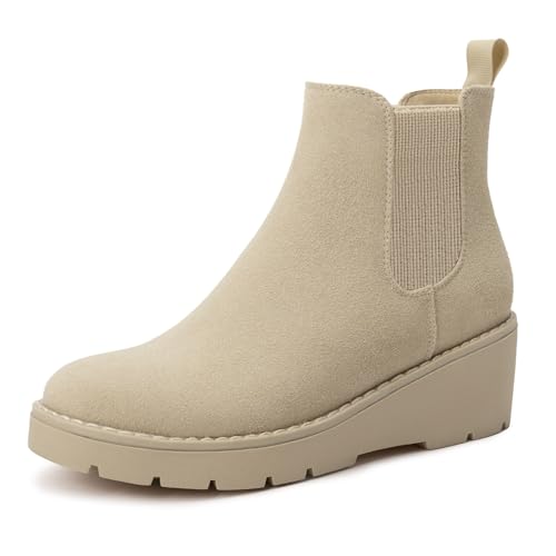 Athlefit Stiefeletten für Mädchen, Plateau-Stiefel, Chelsea, Keilabsatz, für Kleinkinder, kleine Kinder, große Kinder, aprikose, 1 Big Kid von Athlefit