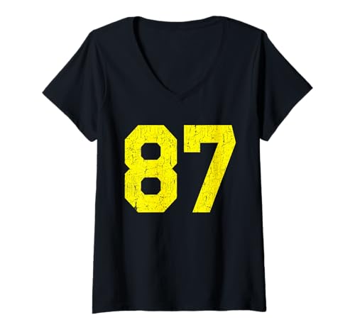 Damen Jersey Uniform Nummer #87 Gelb, 87. Platz T-Shirt mit V-Ausschnitt Damen Jersey Uniform Nummer #87 Gelb, 87. Platz T-Shirt mit V-Ausschnitt von Athlete Number 87 for Sport Teams & Players