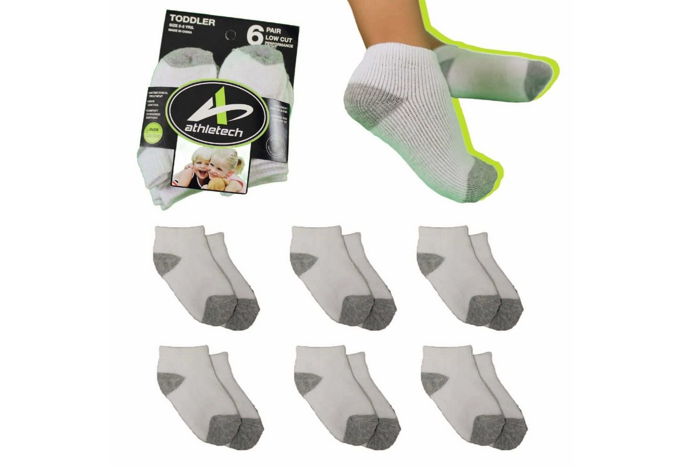 Athletech Sneakersocken 6 Paar Low-Cut-Sportsocken für Kinder von 2-3 Jahren bis Gr. 28 atmungsaktiver Stoff von Athletech