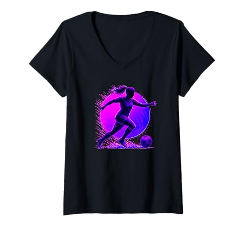 Damen Mädchen Fußballspieler Sprinten mit Ball in Bewegung T-Shirt mit V-Ausschnitt Damen Mädchen Fußballspieler Sprinten mit Ball in Bewegung T-Shirt mit V-Ausschnitt von Athletic Female Soccer Star Chasing the Ball Hard