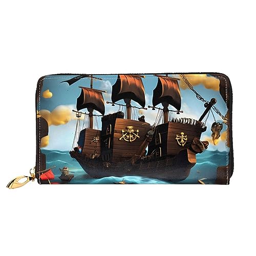 AthuAh Cartoon Piratenschiff Damen Lange Geldbörse Reisebrieftasche Große Kapazität Lange Geldbörse Reißverschluss Geldbörse 7,48 x 4,13 Zoll, Schwarz, Einheitsgröße von AthuAh