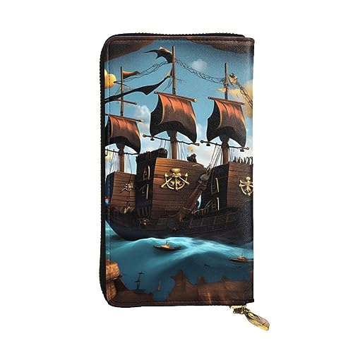 AthuAh Cartoon Piratenschiff Lange Clutch Brieftasche, Damen Reißverschluss Brieftasche, Multi Card Organizer & Große Kapazität Lange Brieftasche, Schwarz , Einheitsgröße von AthuAh