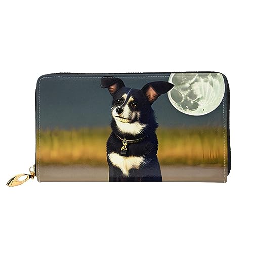 AthuAh Dog Under Moon Damen Lange Geldbörse Reisebrieftasche Große Kapazität Lange Geldbörse Reißverschluss Geldbörse 7,48 x 4,13 Zoll, Schwarz, Einheitsgröße von AthuAh