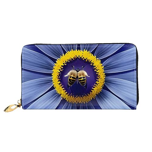 AthuAh Flower Heart Bee Damen Lange Geldbörse Reisebrieftasche Große Kapazität Lange Geldbörse Reißverschluss Geldbörse 7,48 x 4,13 Zoll, Schwarz, Einheitsgröße von AthuAh