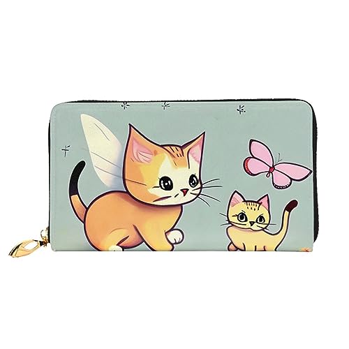 AthuAh Kitten Butterfly Damen Lange Geldbörse Reisebrieftasche Große Kapazität Lange Geldbörse Reißverschluss Geldbörse 7,48 x 4,13 Zoll, Schwarz, Einheitsgröße von AthuAh