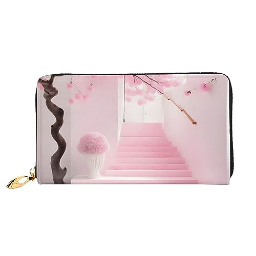 AthuAh Pink Cherry Blossom Staircase Damen Lange Geldbörse Reisebrieftasche Große Kapazität Lange Geldbörse Reißverschluss Geldbörse 7,48 x 4,13 Zoll, Schwarz, Einheitsgröße von AthuAh