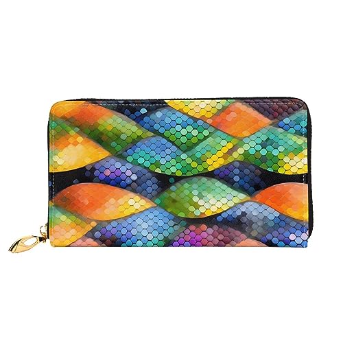 AthuAh Rainbow Fish Scale Damen Lange Geldbörse Reisebrieftasche Große Kapazität Lange Geldbörse Reißverschluss Geldbörse 7,48 x 4,13 Zoll, Schwarz, Einheitsgröße von AthuAh