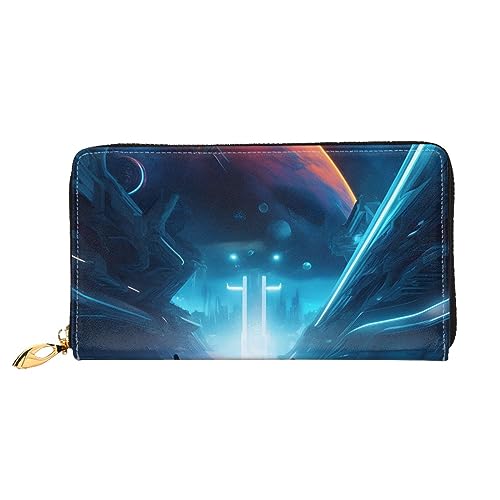 AthuAh Science Fiction Future Damen Lange Geldbörse Reisebrieftasche Große Kapazität Lange Geldbörse Reißverschluss Geldbörse 19 x 10 cm, Schwarz, Einheitsgröße von AthuAh