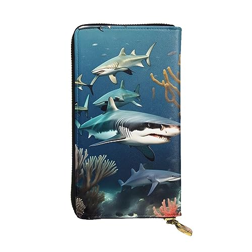 AthuAh Sharks Under The Sea Lange Clutch-Geldbörse, Damen-Geldbörse mit Reißverschluss, Multi-Karten-Organizer, & lange Geldbörse mit großer Kapazität, Schwarz , Einheitsgröße von AthuAh