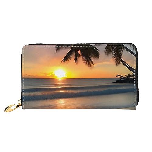 AthuAh Sunset Beach Damen Lange Geldbörse Reisebrieftasche Große Kapazität Lange Geldbörse Reißverschluss Geldbörse 7,48 x 4,13 Zoll, Schwarz, Einheitsgröße von AthuAh