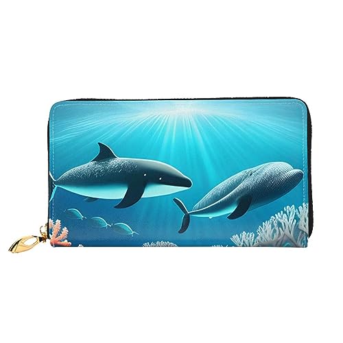 AthuAh Whales Under The Sea Lange Geldbörse für Damen, Reisebrieftasche, große Kapazität, lange Geldbörse, Reißverschluss, 19 x 10 cm, Schwarz, Einheitsgröße von AthuAh