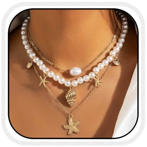 Atigy Boho Halskette mit Seestern Perlen und Muschel Mehrfachkette Goldanhänger Strand Halskette Schmuck für Damen (Gold) von Atigy