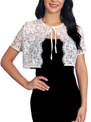 Atigy Damen Spitzenjacke Weiße Cardigan Boleros Elegante Braut Strickjacken Kurzarm Crop Tops Bolerojacke für Kleider (XL) von Atigy
