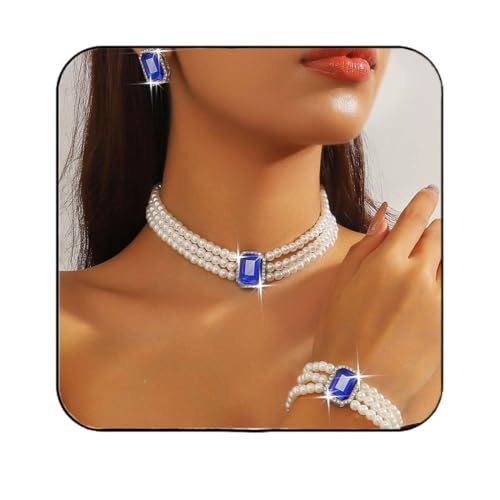 Atigy Perlenschmuckset mit Kristall Choker Halskette Brautarmband und Ohrringen für Damen (Blau) von Atigy