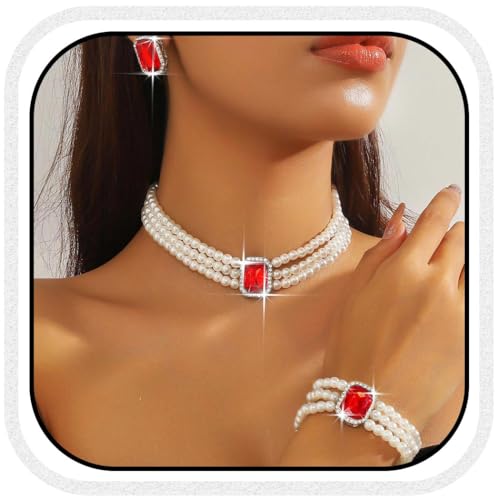 Atigy Perlenschmuckset mit Kristall Choker Halskette Brautarmband und Ohrringen für Damen (Rot) von Atigy