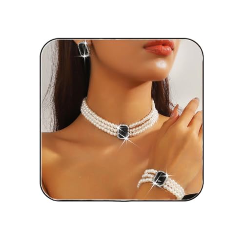 Atigy Perlenschmuckset mit Kristall-Choker-Halskette, Brautarmband und Ohrringen für Damen (Schwarz) von Atigy