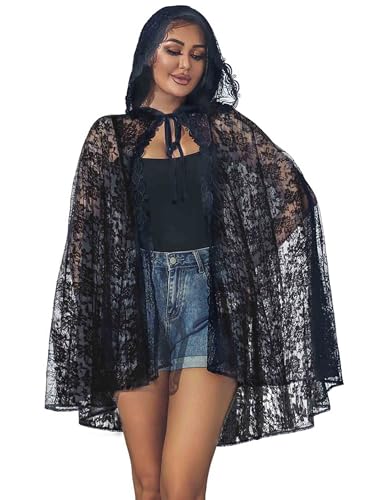 Atigy Schwarzer Umhang mit Kapuze aus Spitze kurzer durchsichtiger Umhang Halloween Cosplay Kostüm Cape für Damen von Atigy