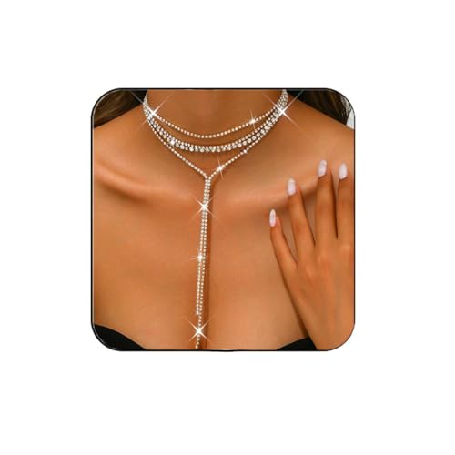 Atigy Silberne Halskette mit Strasssteinen Kristall Choker Halsketten lange funkelnde Halskette Schmuck für Damen (Gold) von Atigy