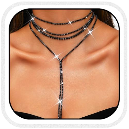 Atigy Silberne Halskette mit Strasssteinen Kristall Choker Halsketten lange funkelnde Halskette Schmuck für Damen (Schwarz) von Atigy