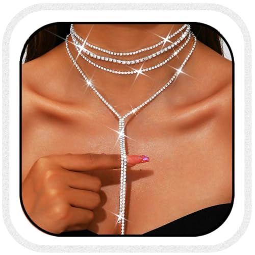 Atigy Silberne Halskette mit Strasssteinen Kristall Choker Halsketten lange funkelnde Halskette Schmuck für Damen (Silber) von Atigy