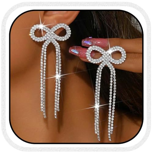 Atigy Silberne Strass Schleifen Ohrringe lange Kristall quasten Ohrringe funkelnde Ohrringe Schmuck für Frauen (Silber) von Atigy