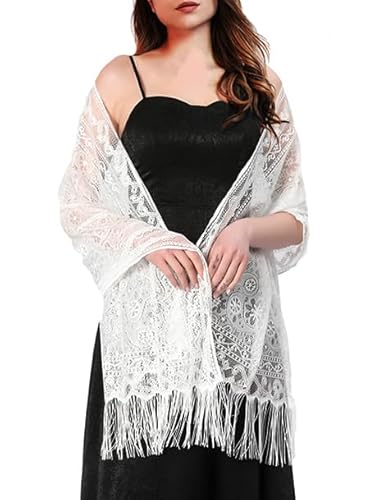 Atigy Stola für Damen Festlich Weich Spitzenschal mit Fransen Elegante Hochzeitsschals für Frauen Abendkleid (Weiß) von Atigy