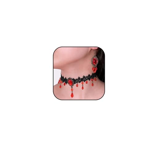 Atiptu Gothic Vampir Spitze Choker Halskette Ohrringe für Frauen Schwarz Kristall Kamee Ohrringe Vampir Blut Teardrop Halskette Halloween Mystic Hexe Kostüm Zubehör, Adjustbale, Spitze, Kein edelstein von Atiptu