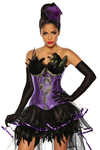 Atixo Burlesque sexy Corsage mit Federn bestzt inkl. Langen schwarzen Satin-Handschuhen (XXL, lila) von Atixo