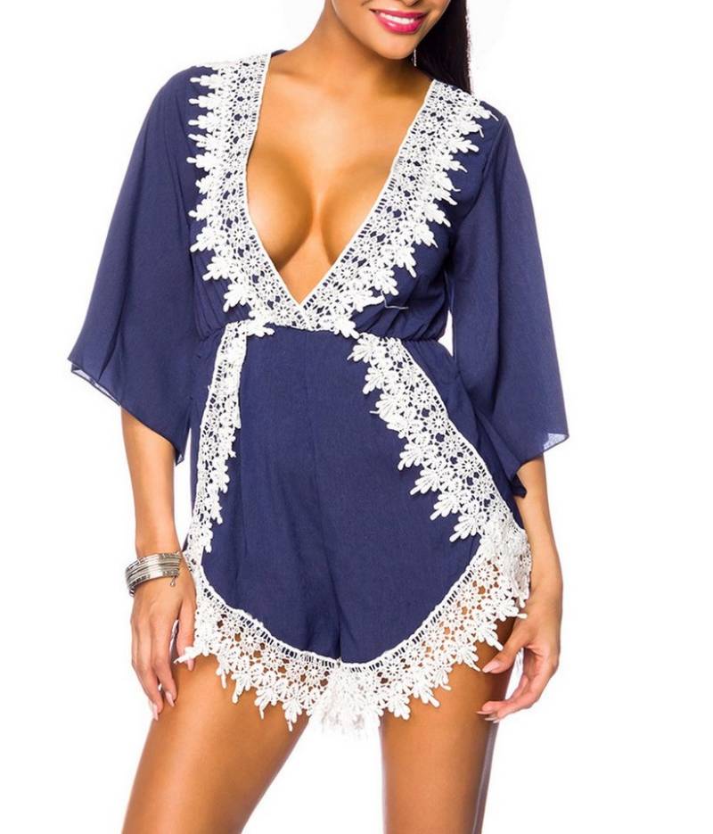 Atixo Minikleid Damen Jumpsuit Strandkleid mit Häkelbesatz und Spitze Sommerkleid mit von Atixo