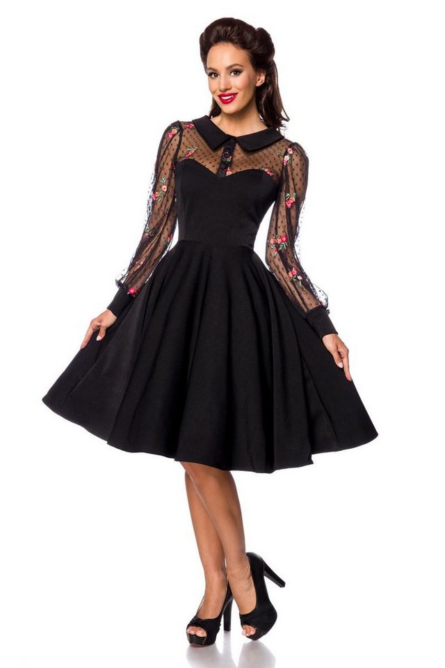 Atixo Minikleid Schwarzes knielanges Swing Kleid im High Waist Schnitt mit Netz Blumen von Atixo