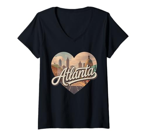 Damen Atlanta Heart T-Shirt im Vintage-Look, Skyline von Georgia City im Retro-Look T-Shirt mit V-Ausschnitt Damen Atlanta Heart T-Shirt im Vintage-Look, Skyline von Georgia City im Retro-Look T-Shirt mit V-Ausschnitt von Atlanta Skyline Aesthetic Tees