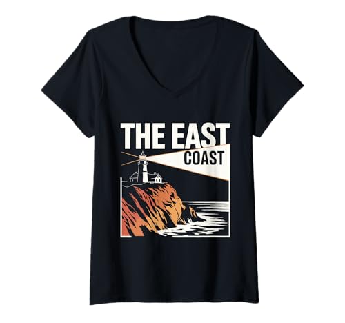 Damen Der Leuchtturm an der Ostküste, malerische Aussicht auf die Klippe und das Meer T-Shirt mit V-Ausschnitt Damen Der Leuchtturm an der Ostküste, malerische Aussicht auf die Klippe und das Meer T-Shirt mit V-Ausschnitt von Atlantic Lighthouse Coastal Maine Shoreline