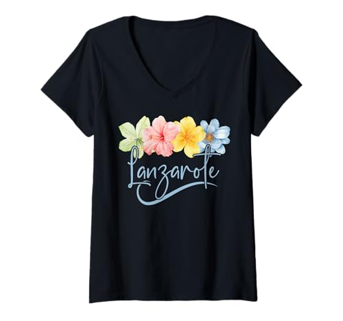 Damen Lanzarote Blumen Kanarische Inseln Spanien Floral Vacation T-Shirt mit V-Ausschnitt von Atlantic Ocean Island Lanzarote Summer Souvenirs