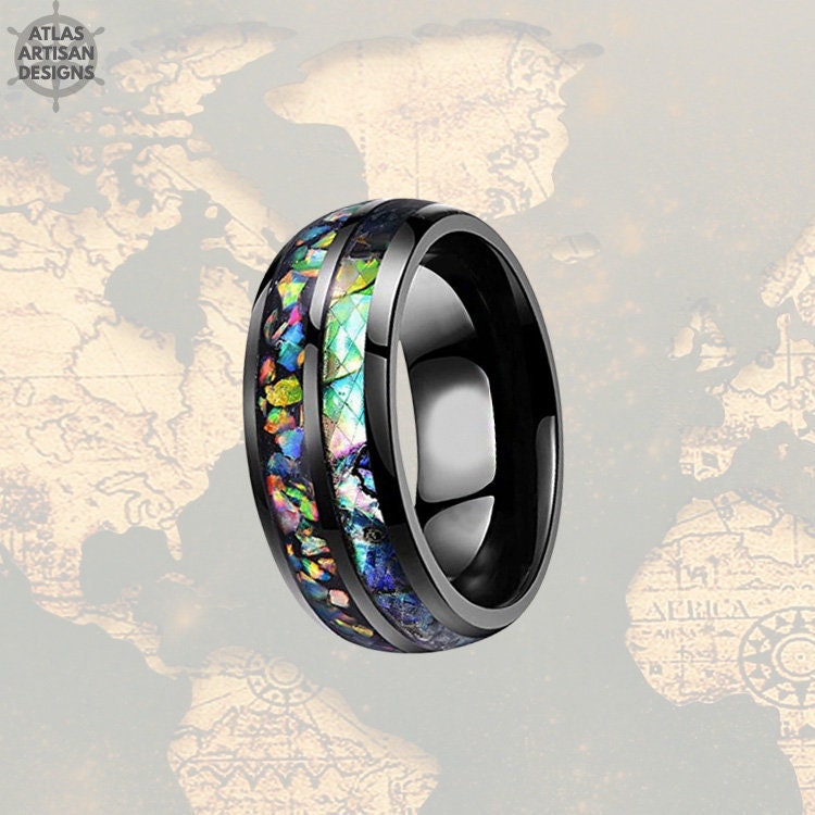 8mm Schwarzer Opalring Herrenring Wolframring, Abalone Ring Wolfram Ehering Feueropal Mit Shell Inlay 8mm Schwarzer Opalring Herrenring Wolframring, Abalone Ring Wolfram Ehering Feueropal Mit Shell Inlay von AtlasArtisanDesigns