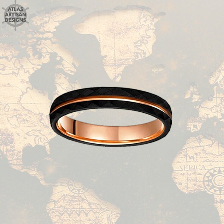 Dünner Roségold-Hochzeitsring Damenring 4mm Schwarzer Wolframring Gehämmerter Ehering Herrenring Roségold Ring Dünner Roségold-Hochzeitsring Damenring 4mm Schwarzer Wolframring Gehämmerter Ehering Herrenring Roségold Ring von AtlasArtisanDesigns