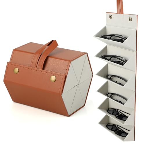 Atliberswo Sunglasses Storage Box - Sunglasses Storage Box - Hanging Glasses Organiser - Foldable 6-Compartment Glasses Storage Box - Made of PU Leather - Ideal for Travel for Storing 6 Glasses von Atliberswo