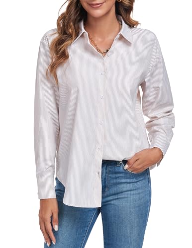 Atnlewhi Bluse Damen Langarm Streifenbluse Hemden mit Knöpfen Casual Büro Arbeit Blusen Klassischer Hemd Oberteile Hemdbluse - Aprikose Streifen - M von Atnlewhi