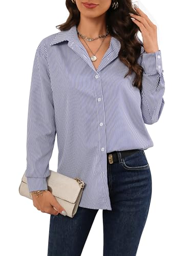 Atnlewhi Bluse Damen Langarm Streifenbluse Hemden mit Knöpfen Casual Büro Arbeit Blusen Klassischer Hemd Oberteile Hemdbluse - Dunkelblau Streifen - XL von Atnlewhi