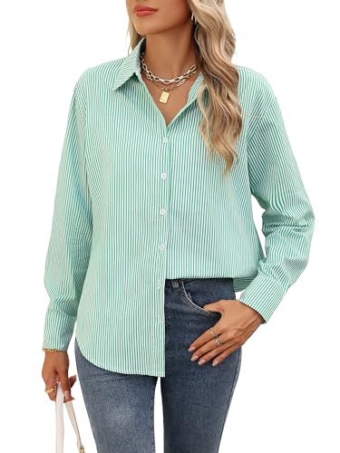 Atnlewhi Bluse Damen Langarm Streifenbluse Hemden mit Knöpfen Casual Büro Arbeit Blusen Klassischer Hemd Oberteile Hemdbluse - Grün Streifen - XXL von Atnlewhi