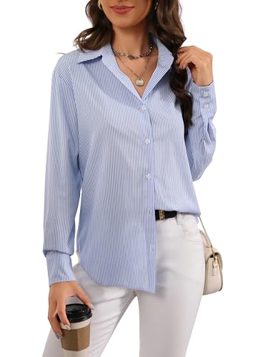 Atnlewhi Bluse Damen Langarm Streifenbluse Hemden mit Knöpfen Casual Büro Arbeit Blusen Klassischer Hemd Oberteile Hemdbluse - Hellblau Streifen - M von Atnlewhi