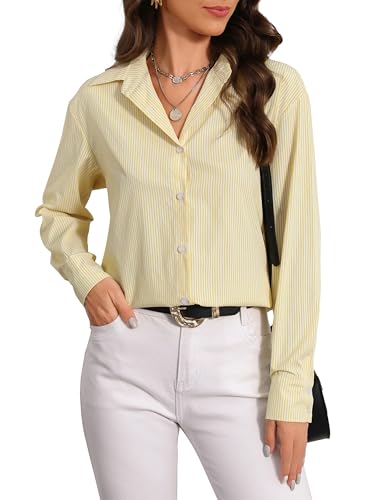 Atnlewhi Bluse Damen Langarm Streifenbluse Hemden mit Knöpfen Casual Büro Arbeit Blusen Klassischer Hemd Oberteile Hemdbluse - Hellgelb Streifen - XXL von Atnlewhi