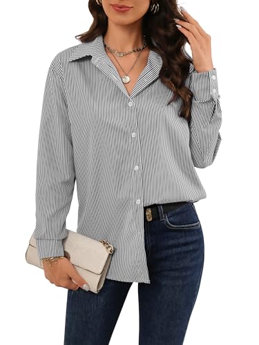 Atnlewhi Bluse Damen Langarm Streifenbluse Hemden mit Knöpfen Casual Büro Arbeit Blusen Klassischer Hemd Oberteile Hemdbluse - Schwarz Streifen - XXL von Atnlewhi